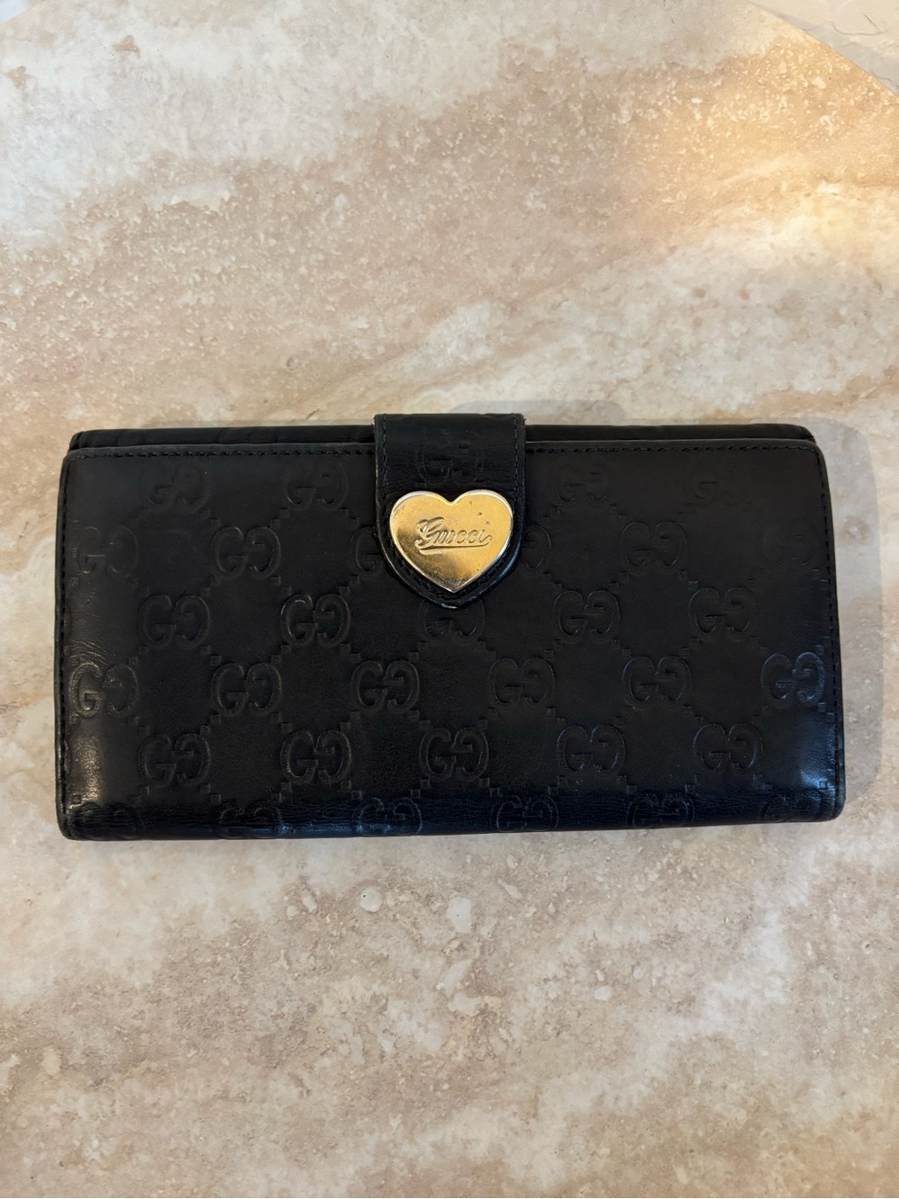 Gucci Guccissima Black GG-Embossed Continental Wallet with Gold Heart Clasp